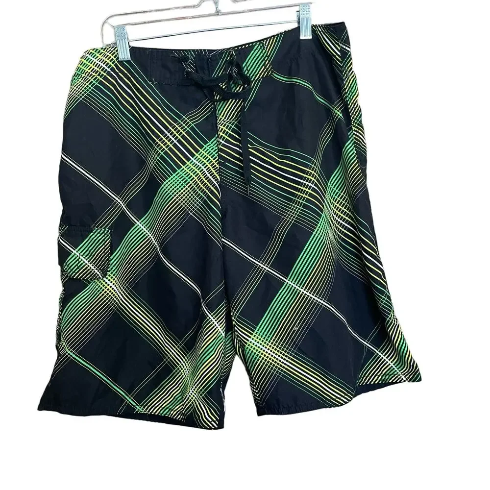 Point Zero Board  Shorts Size Large Plaid Black Green Yellow White‎ Swimwear